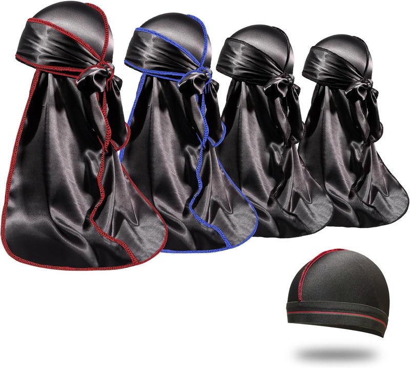 ForceWave 4PCS Silky Durags for Men Women 360 Waves with 1 Wave Cap, Silky Satin Durag Extra Long Tails - Image 1